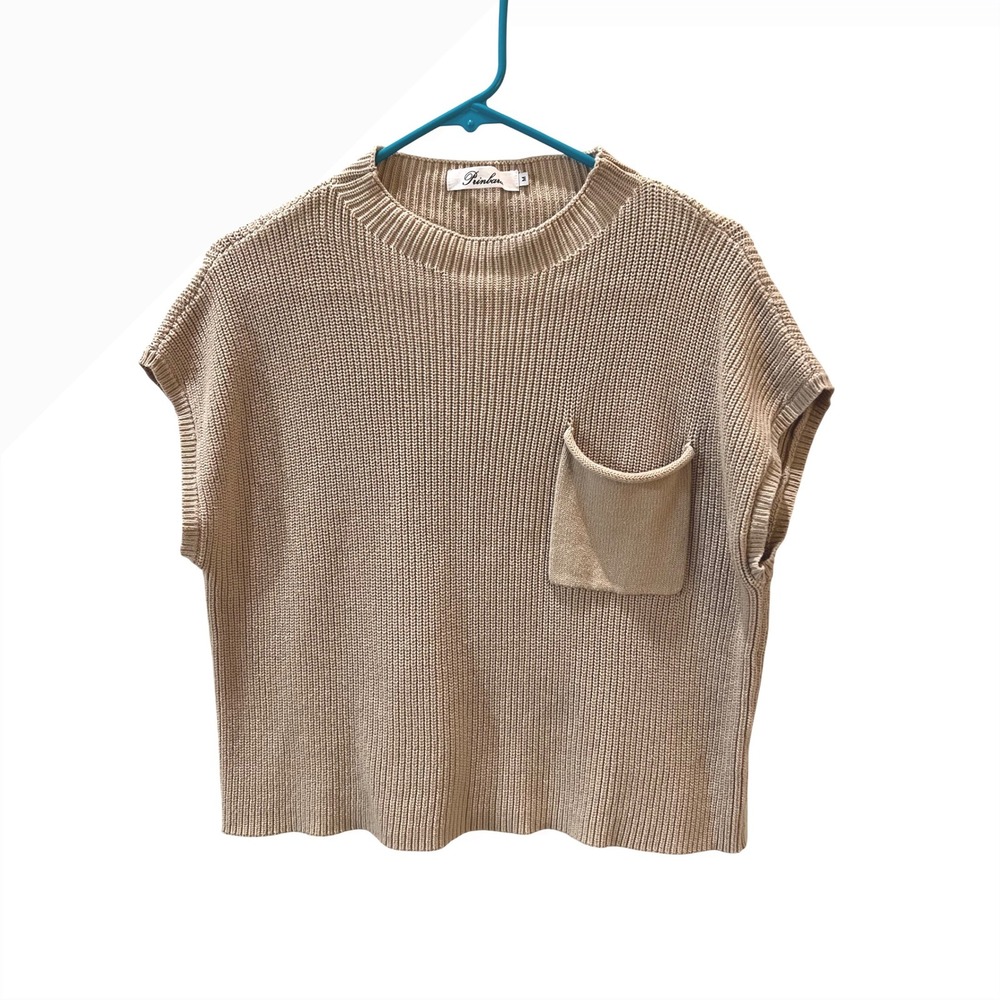 Prinbara Womens Tan Ribbed Knit Mock Neck Sweater Cap Sleeve Size M Rayon
